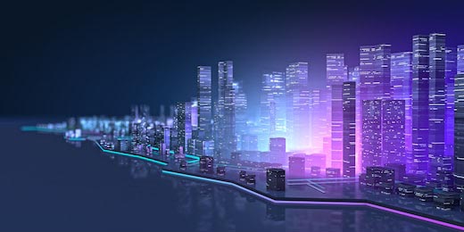 Панорамный вид на футуристический ночной город 3D
