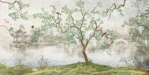 Дерево с птицами в японском туманном саду