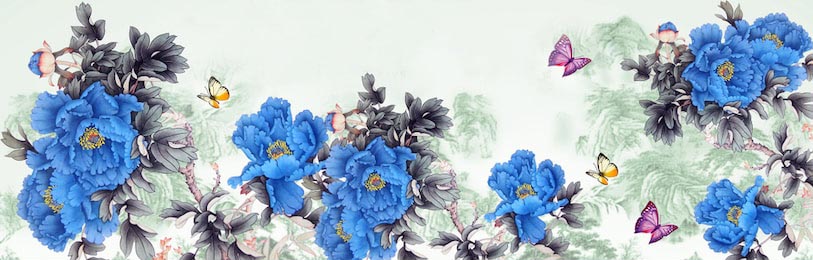 Акварельные синие цветы и бабочки на голубом фоне