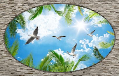 Чайки на фоне неба и пальм вокруг стены