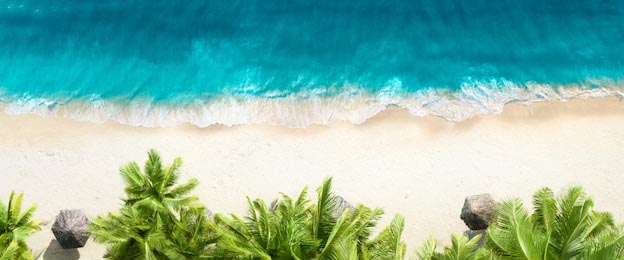 Вид сверху на песчаный пляж, пальмы и океан