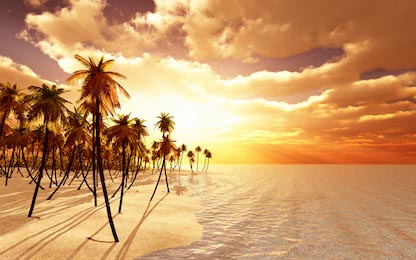 Пальмовый райский остров на красном закате дня