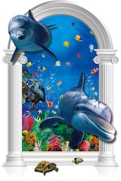 3D иллюстрация с дельфинами и рыбами со дна океана