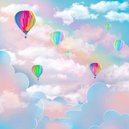 Воздушные шары в небе с розовыми облаками и радугой