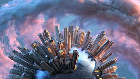 Полет над мегаполисом с облаками, 3D иллюстрация