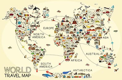 Карта мира с животными и множестовом