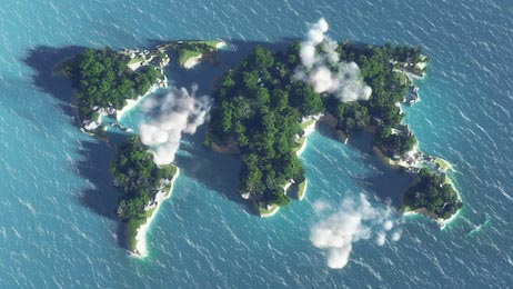 Карта мира на воде, остров с деревьями и облаками