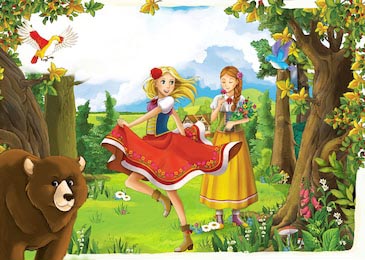 Танцующая принцесса в лесу с птичками и медведем