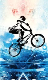 Прыжок парня на велосипеде на ярком синем фоне