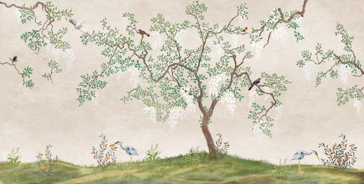 Цветущее дерево в японском саду с птицами