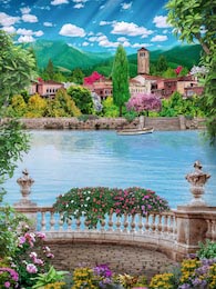 Прекрасны пейзаж голубое озеро и город в горах 