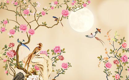 Экзотические птицы на деревьях с цветами под луной