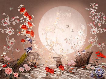 Картина с абстрактными лунными птицами и цветами
