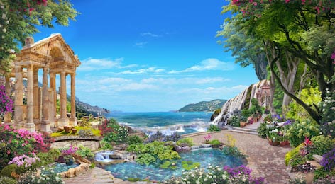 Вид на море из римского сада с цветами и озером