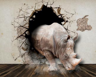 Носорог пробивает кирпичную стену и бежит в комнату