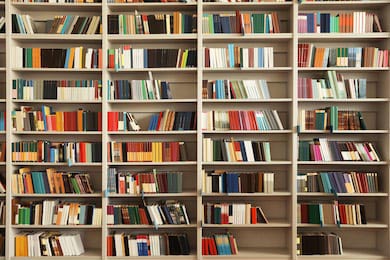 Вид на полки с книгами в библиотеке