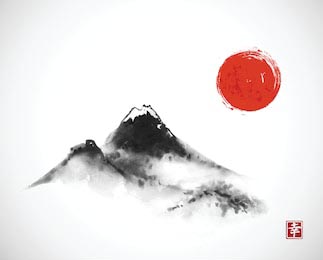 Картина чернилами горы и большое красное солнце