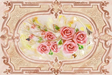 Розовые розы в рамке кирпичного цвета