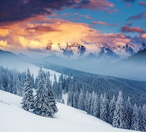 Фантастический зимний пейзаж склона горы с елками