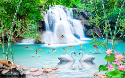 Белые лебеди и золотые рыбки плавают возле водопада