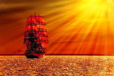 Парусный корабль в море на горизонте красного заката