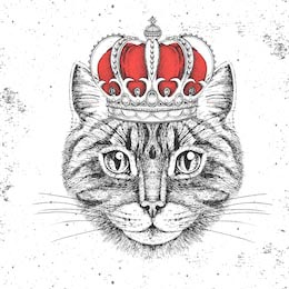 Нарисованный вручную кот-хипстер с короной на голове