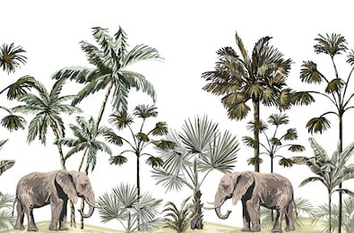 Экзотические пальмы и слоны в тропических джунглях