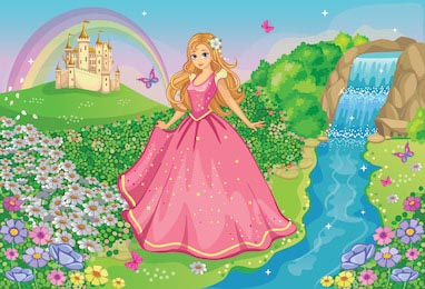 Принцесса в платье возле водопада и цветочного луга