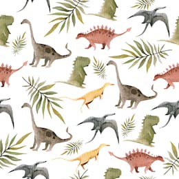 Акварельный рисунок динозавров и тропические листья 