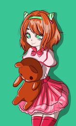 Рыжий аниме-ребенок с плюшевым мишкой на руках