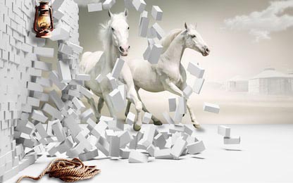 Белые лошади бегущие сквозь белую кирпичную стену