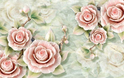 Настенная роспись ажурными розами с веточками 