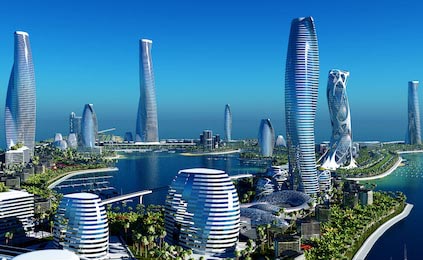 3D-город будущего расположенный на побережье