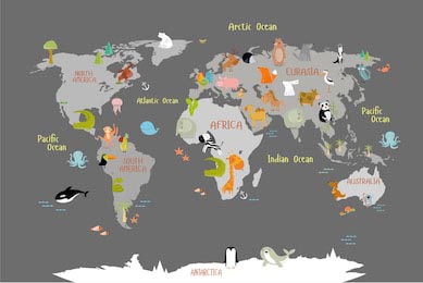 Детская карта мира c живоными на темно-сером фоне
