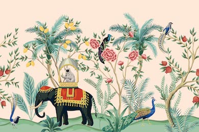 Картина слона среди деревьев лимонов и граната