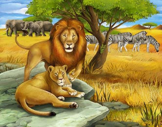 Лев и львица на камне и зебра со слонами на фоне