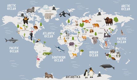 Карта мира с животными - обои для детской комнаты