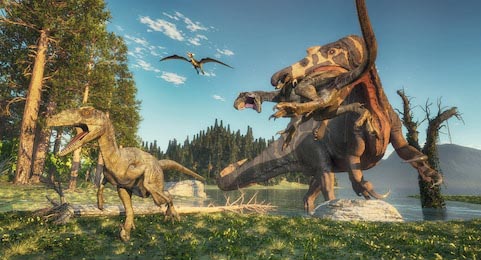 Спинозавр атакует дейнонихов в джунглях