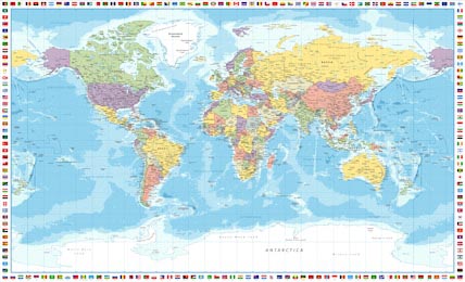 Политическая карта мира с флагами по краям