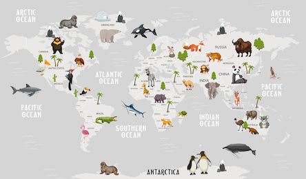 Карта мира с животными в светло-серых тонах