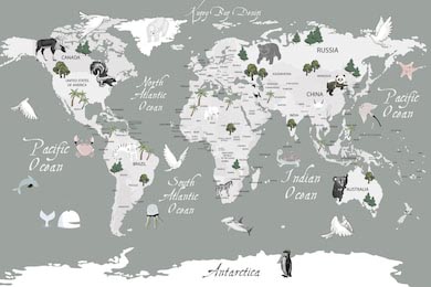 Карта мира с животными в бело-серых тонах