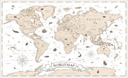 Подробная винтажная мультипликационная карта мира