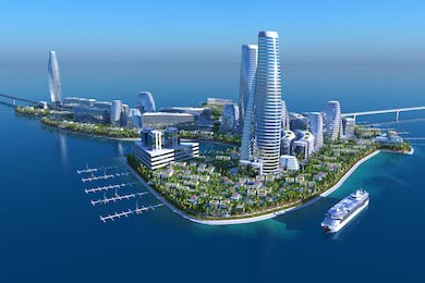 Город будущего на побережье. 3d рендер