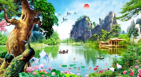 Сказочный пейзаж с птицами и лодкой плывущей горам 