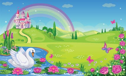 Озеро с лотосом, лебедем, розами и замком принцессы