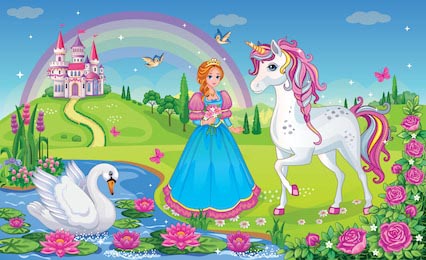 Принцесса с единорогом возле реки с лебедем и замком