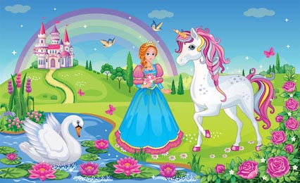  Прекрасная принцесса с белым единорогом и лебедем
