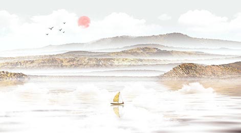 Плывущий кораблик на фоне туманных гор и солнца