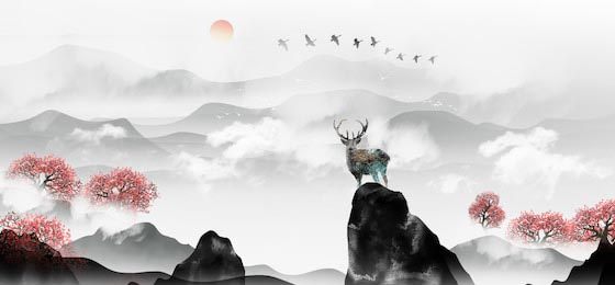 Китайский пейзаж олень на фоне туманных гор