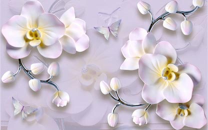 Белые орхидеи с серебряными веточками на белом фоне 